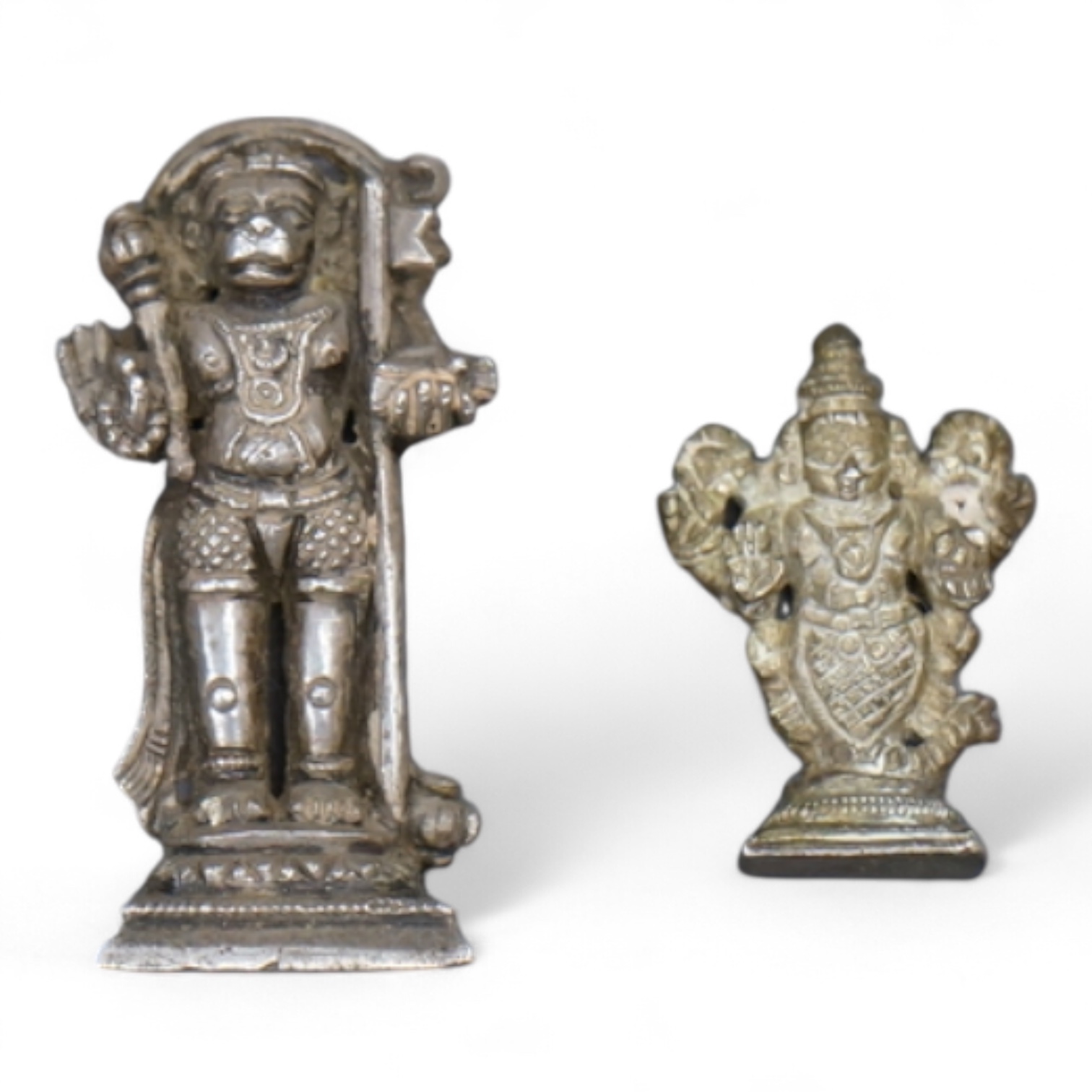 Two small Hindu statuettes, Hanuman (monkey), possibly silver, and Matsya (figure with fish tail), possibly late 19th/early 20th century, largest 3.5cm high